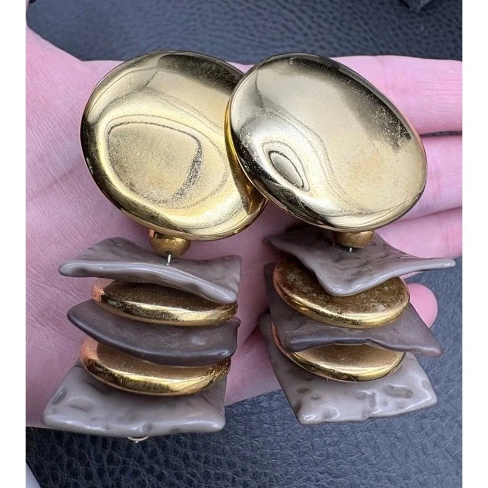 Vintage 80s Huge Runway Bold Dangle Drop Clip Earrings Gold Tone